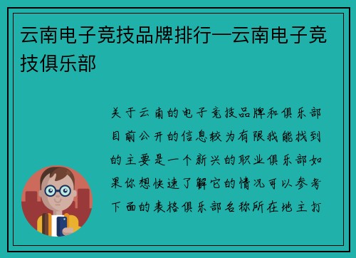 云南电子竞技品牌排行—云南电子竞技俱乐部
